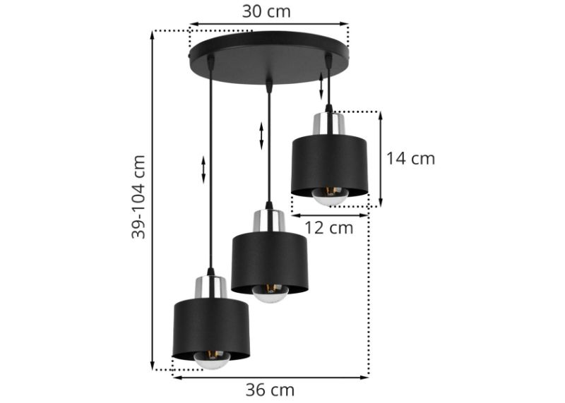 Wymiary lampy na okrągłej podsufitce 3 kloszami 12 cm wykonanymi z metalu w czarnym kolorze z chromowanym wykończeniem