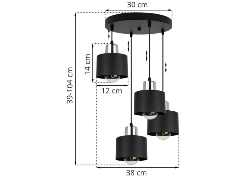 Wymiary lampy na okrągłej podsufitce z 4 metalowymi kloszami w czarnym kolorze ze srebrnym wykończeniem