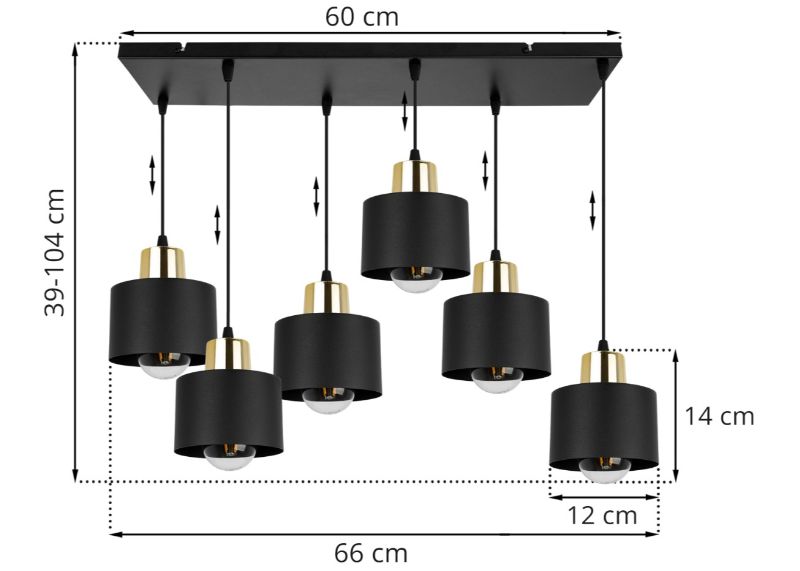 Wymiary lampy z szeroką listwą i 6 kloszami z metalu w kolorze czarnym ze złotym wykończeniem