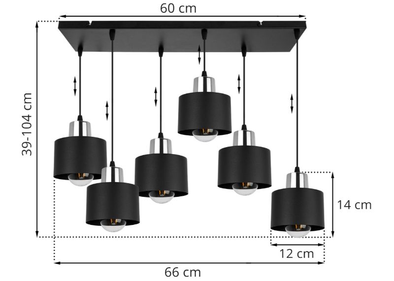 Wymiary lampy z 6 kloszami o średnicy z metalu w czarnym kolorze z chromowanym wykończeniem i prostokątną podsufitką