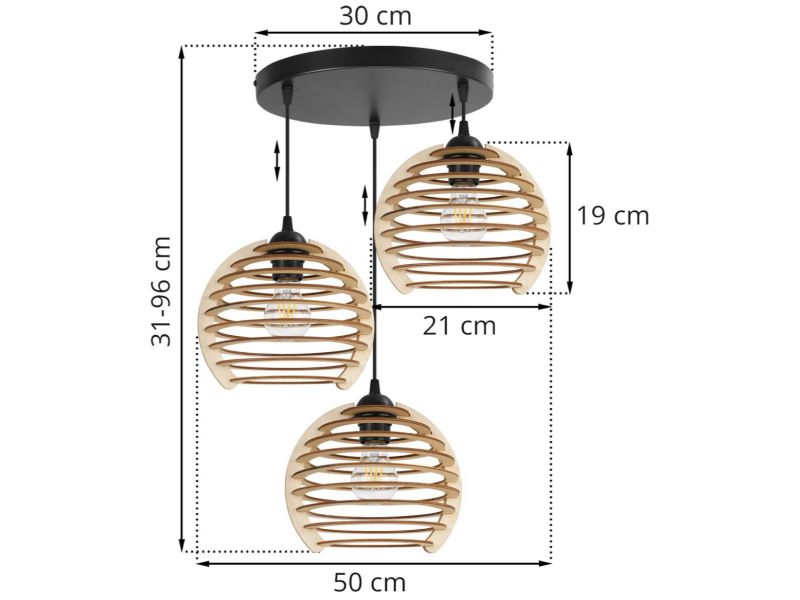 Lampa wisząca na okrągłej podsufitce drewniane klosze