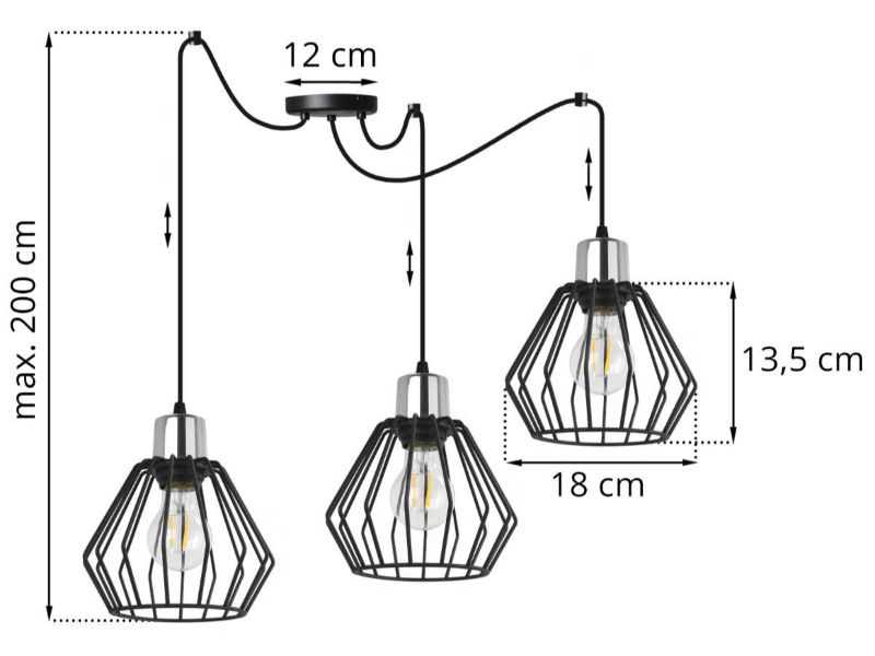 Lampy wiszące 18 cm trzy czarne klosze druciane