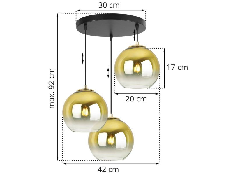 Lampa na okrągłej podsufitce z trzema złotymi lampami