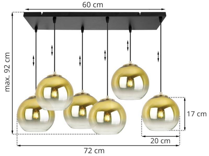 Lampa z 6 szklanymi złotymi kloszami