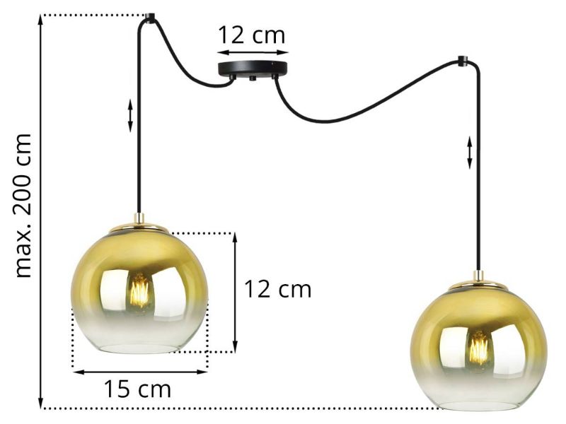 Lampa wisząca z dwoma kloszami szklano złotymi kulami