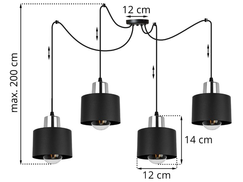 Lampa wisząca z 4 czarnymi kloszami