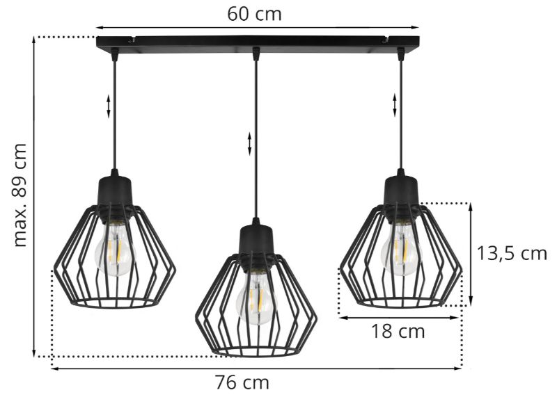 Wymiary lampy regulowanej o trzech źródłach światła