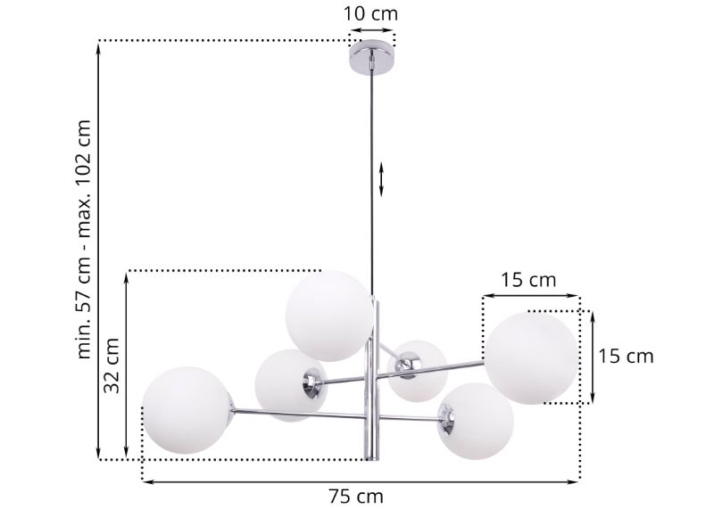 Wymiary lampy z 6 kloszami i metalową konstrukcją