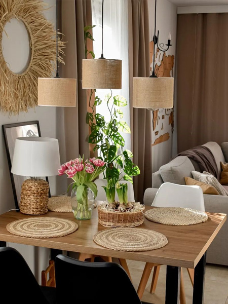 Regulowana lampa wisząca typu pająk, 3 abażury juta 20 cm, E27